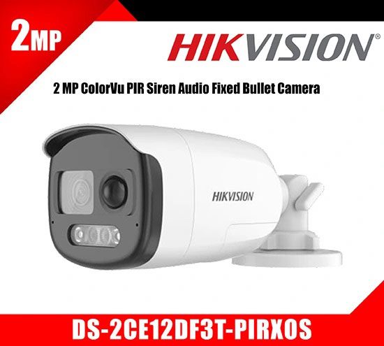 Hikvision DS-2CE12DF3T-PIRXOS 2MP ColorVu Audio Bullet Camera with PIR & Strobe Light – Active Deterrence CCTV